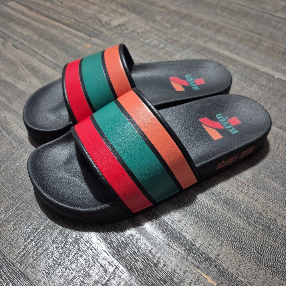 7-11 Shoes Slides Size 36 Womens 6 Mens 4 Sandals Black Red Green Orange 7Eleven